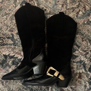 Matisse Black Leather Boots with Gold Buckle